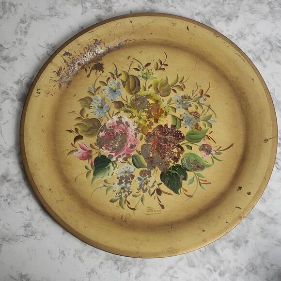 No Brand Other - Vintage Nashco Tan and Floral Rustic Round Tray